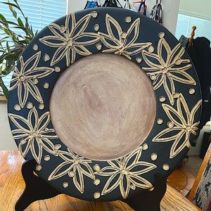 VTG LARGE Black Ivory Terra Cotta Pottery Hand Painted shabby chic decor